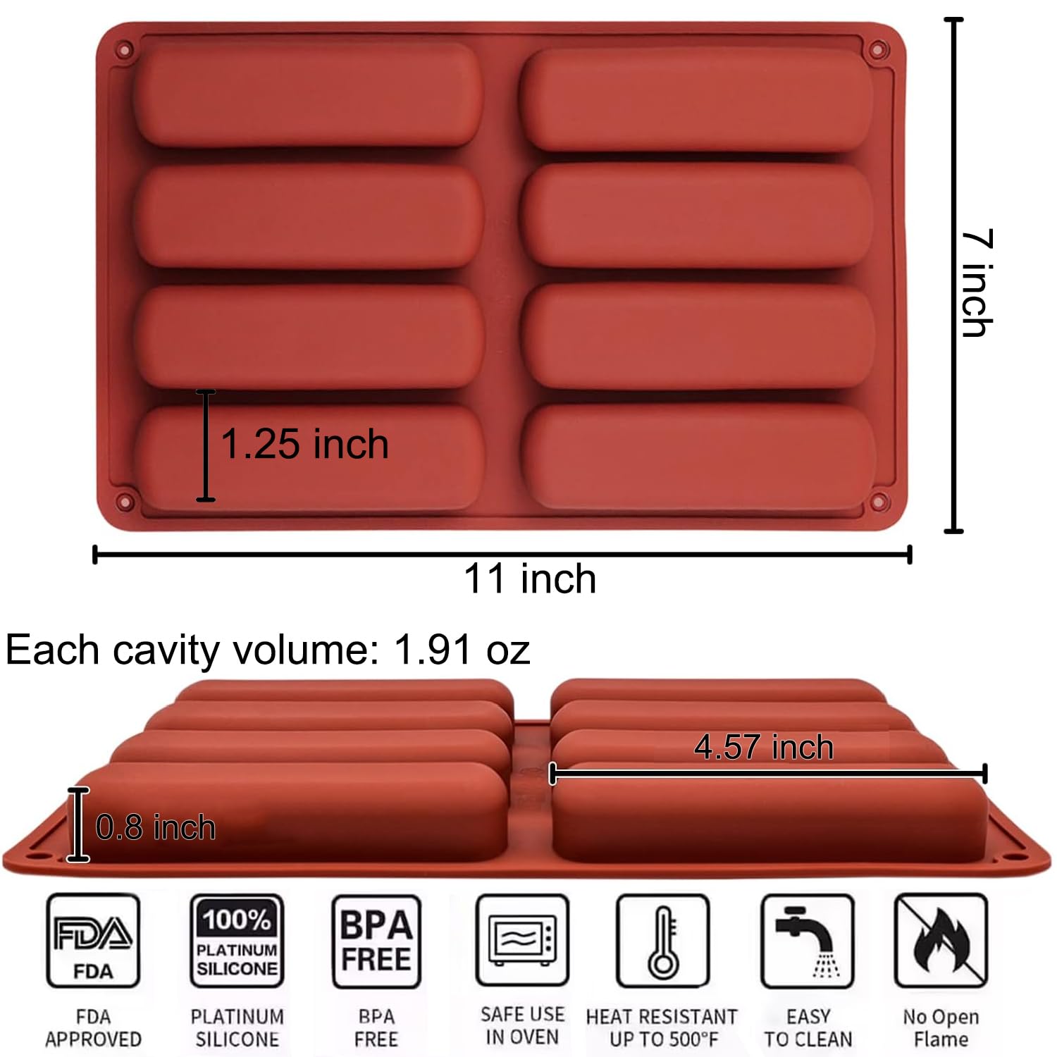 Molde de silicona para galletas de dedos, paquete de 2 moldes con forma de dedo de 8 cavidades, barras de granola, molde rectangular para hornear barras energéticas, barra de chocolate, pan,