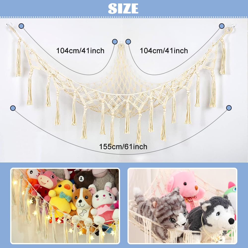 HEKOBAG Hamaca de Juguete para Animales de Peluche, Red de Almacenamiento para Hamaca, Hamaca de Peluche con 3 Ganchos y 3 Tubos de Expansión, Hamaca de Juguete para Animales de Peluche(beige)