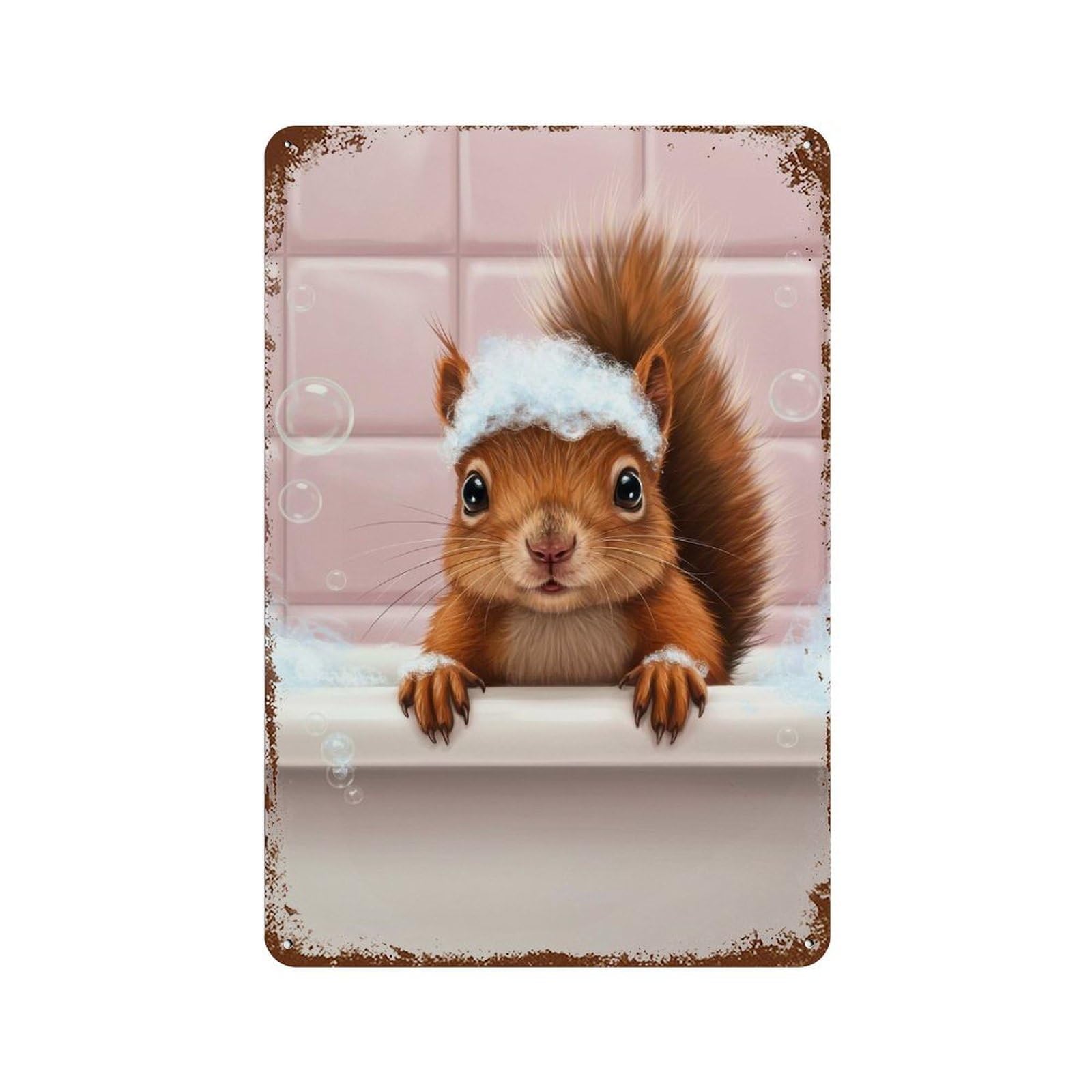 Garage Style Squirrel in Bathtub with Bubbles Rust Effect Tin Sign 11.8"x7.9", Classic Wall Plaque for Bar And Workshop