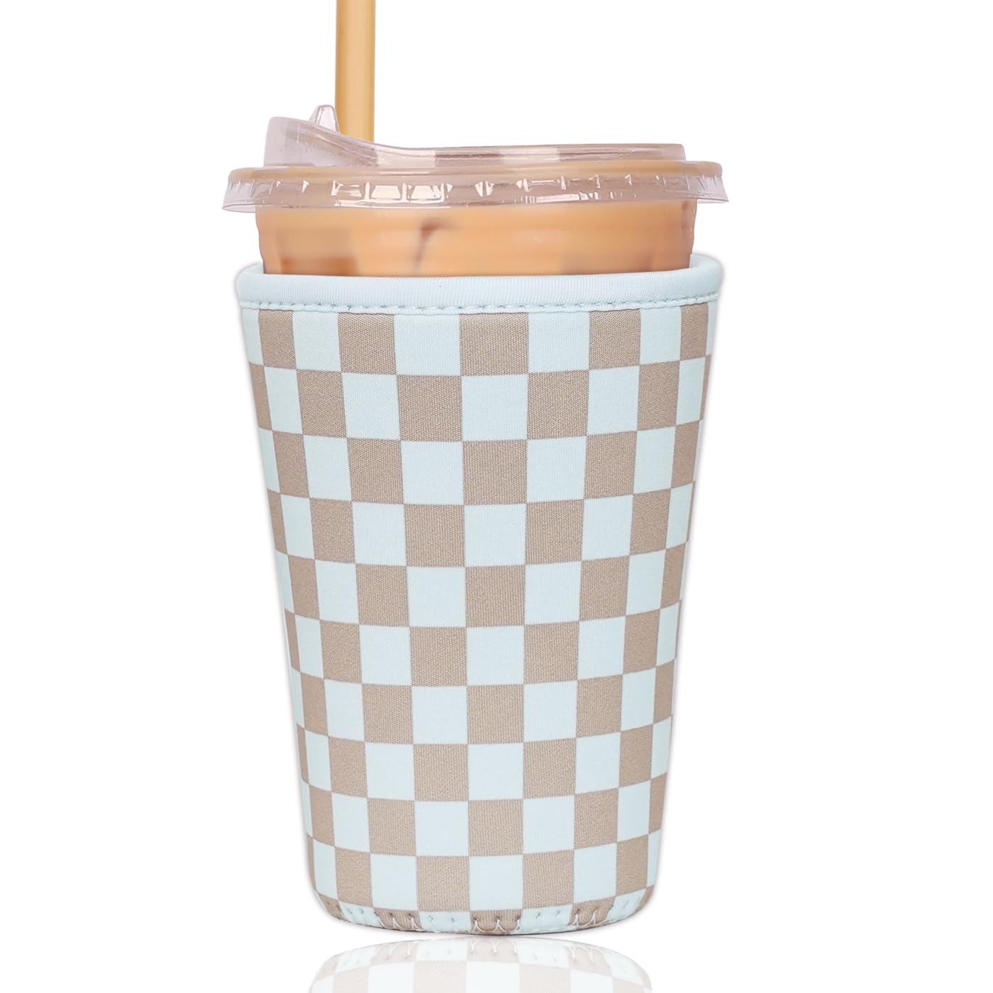 Reusable Insulated Sleeve for Iced Coffee Cup, Coffee Neoprene Sleeve for Cold &amp; Hot Drinks, Beverage Holder for Iced Coffee (Classic Checker, Medium: 22-24oz)