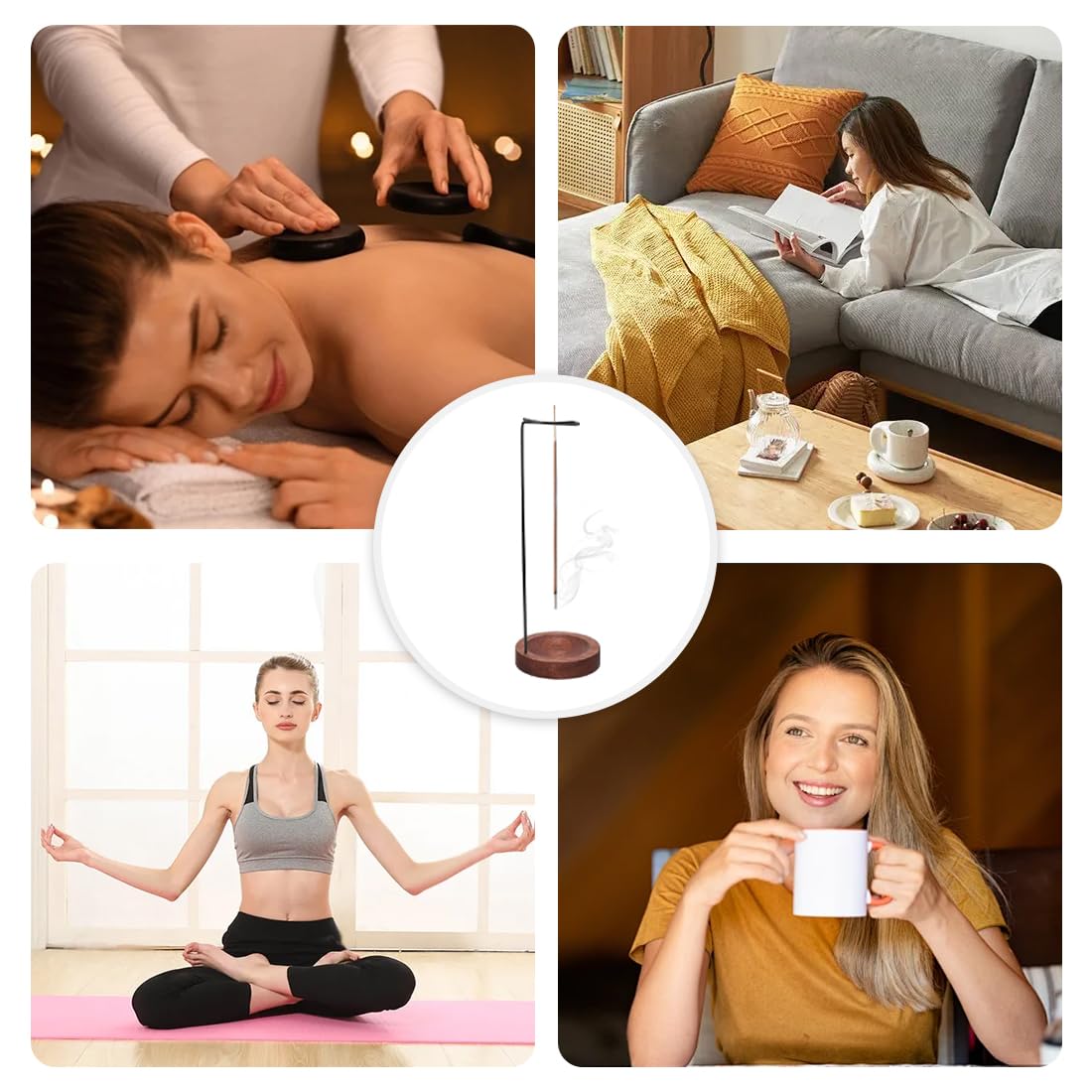 Set Da 2 Portaincensi In Legno Noce E Metallo Nero, Con Base Raccoglicenere Estraibile, Per Meditazione E Relax