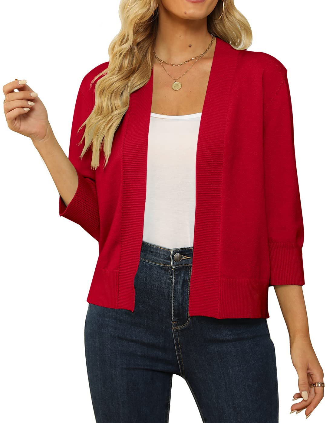 Shermia Women's 3/4 Sleeve Cropped Cardigan Sweater Open Front Short Shrugs Cardigans Lightweight Sweaters