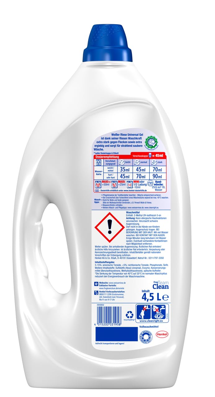 Weißer Riese Universal Gel (100 Waschladungen), Vollwaschmittel sorgt für strahlend saubere Wäsche & WC-Frisch Spa Momente Harmonie Toilettenstein (1x 50g), WC Duftspüler, 1er Pack