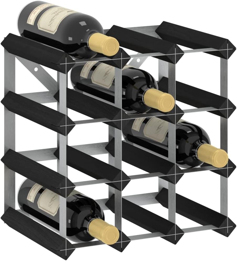 Soporte para Vino SKM para 12 Botellas, Negro, Madera de Pino