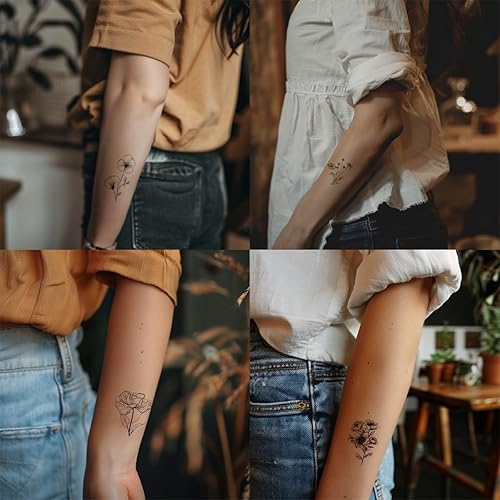 Miniatura 2 de 50 hojas de tatuajes temporales de ramas pequeñas de flores negras para mujeres y niñas, ramo de flores pequeñas, tatuaje temporal de plantas