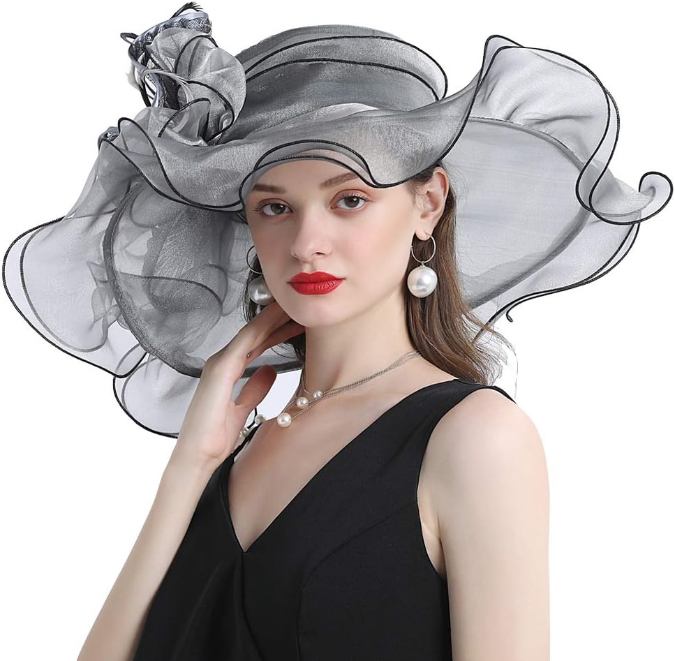 Women Hats Organza Butterfly Decoration Wide Brim Occasion Event Derby Church Dress Sun Hat