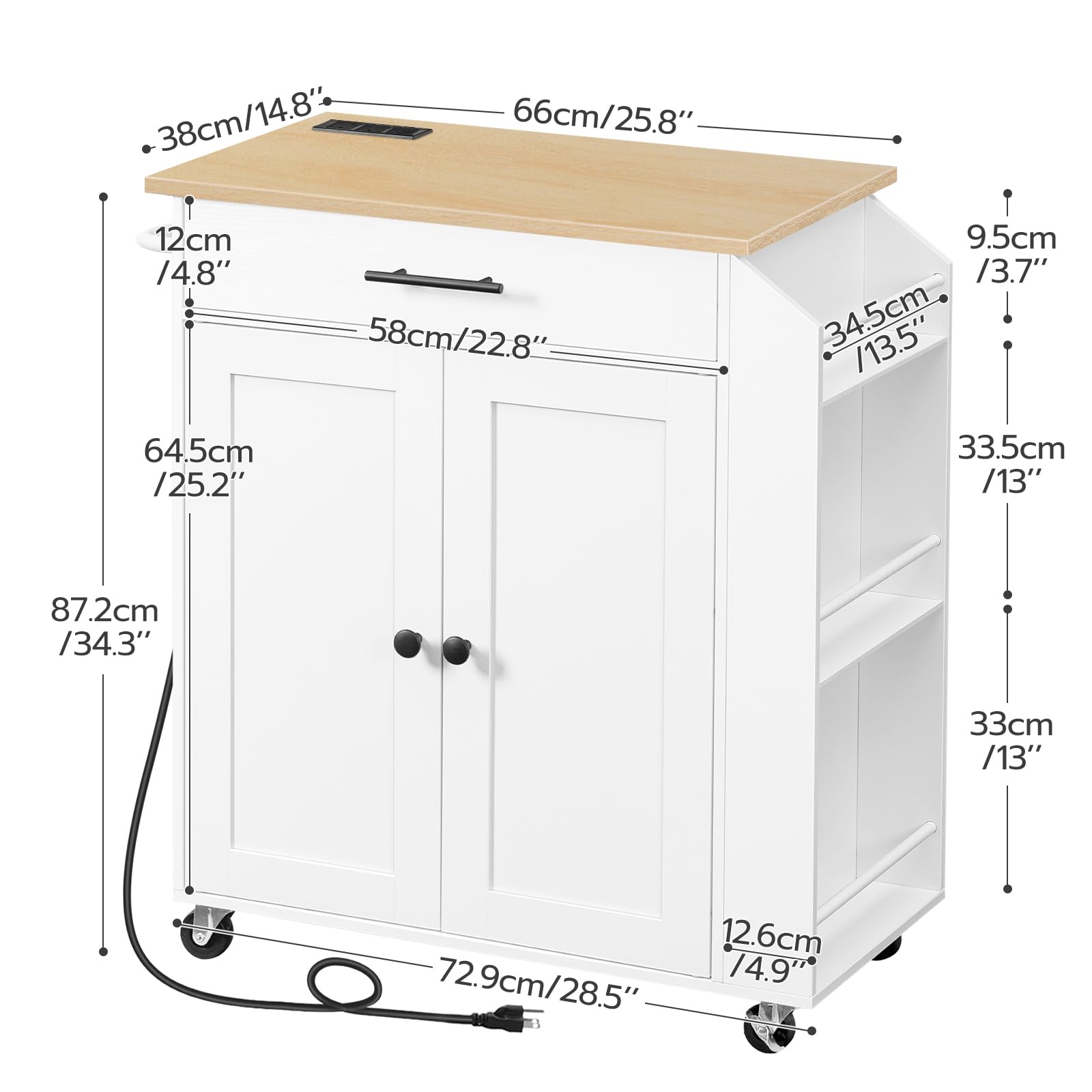 HOOBRO Küchenwagen mit Arbeitsplatte, Kücheninsel Küchenschrank mit Steckdosenleiste, bewegliche Kücheninsel mit Schublade und Gewürzregal, Küchenwagen auf Rollen, 80,8 x 38 x 86 cm EWN82CZD01