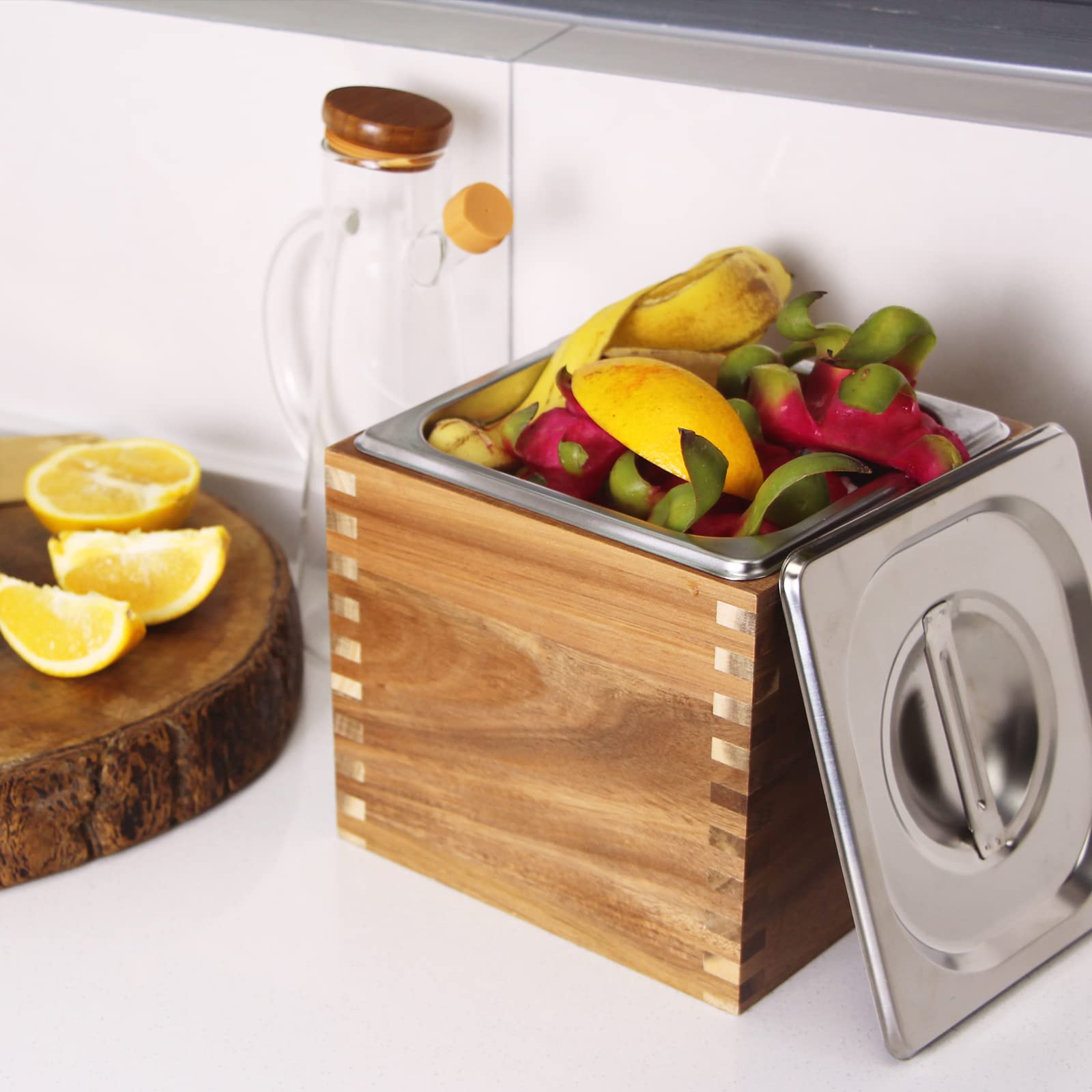 Bac à Compost de Cuisine avec Couvercle et boîte en Bois d'acacia, récipient à Compost de Cuisine Anti-odeurs, bac à Compost d'intérieur en Acier Inoxydable