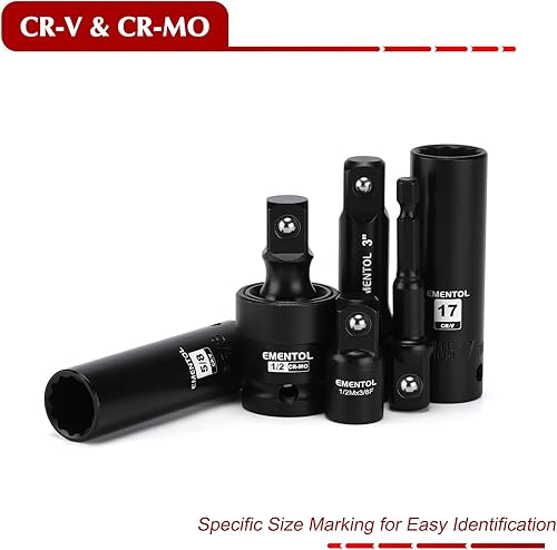 Miniatura 10 de EMENTOL Juego de 55 llaves de impacto profundas y poco profundas, CR-V, SAEmétrico, 6 puntos, 532 pulgadas - 916 pulgadas, 0.157in - 0.591in, barras