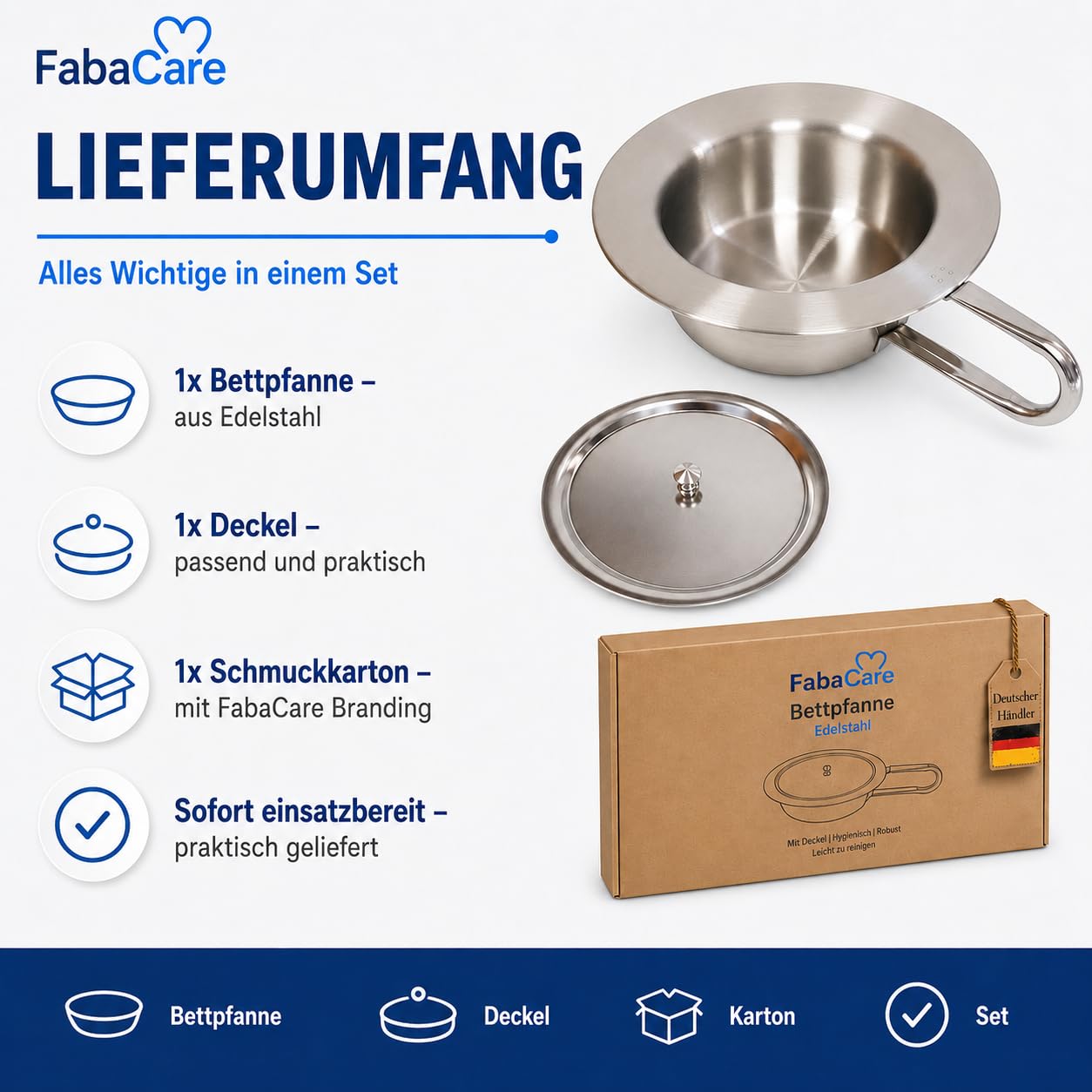 FabaCare Bettpfanne Edelstahl mit Deckel für Erwachsene, 2 Liter | Stechbecken 2 Liter für Pflege, Klinik & Zuhause – robust, hygienisch, leicht zu reinigen und diskret griffbereit