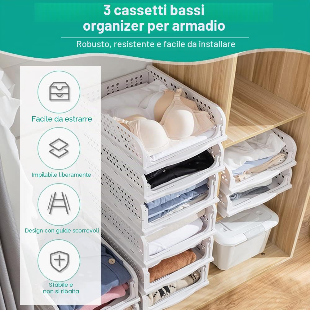 THATSRAD 3 Pezzi Scatole Pieghevoli per Guardaroba in Plastica Contenitori Impilabili per Armadio Organizzatori Impilabili per Guardaroba 43x33,5x14cm Adatti per Casa Camera da Letto Cucina, Bianco