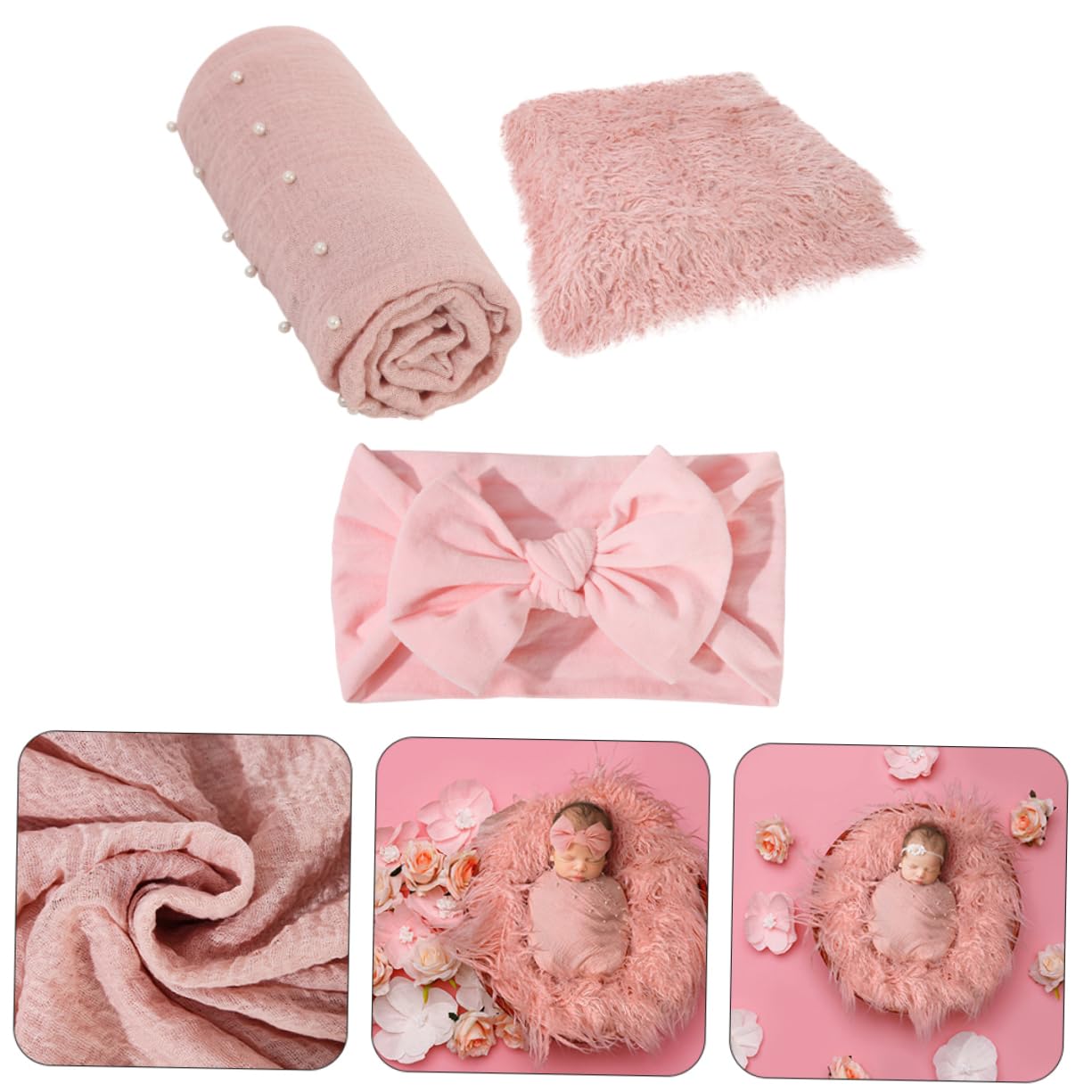 BESTonZON Set Di Coperte Per Neonati Fascia Per Neonati Accessori Per La Fotografia 3 Pezzi Fascia Per Con Fiocco Tappetino Per Baby Shower