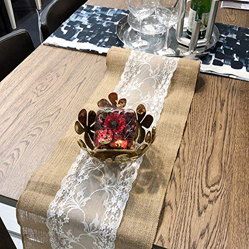 FullLove Chemin de Table Toile de Jute Chemin de Table Mariage Ruban de Jute Dentelle Blanch Décoration de Mariage 30x275cm (1pcs) Cover