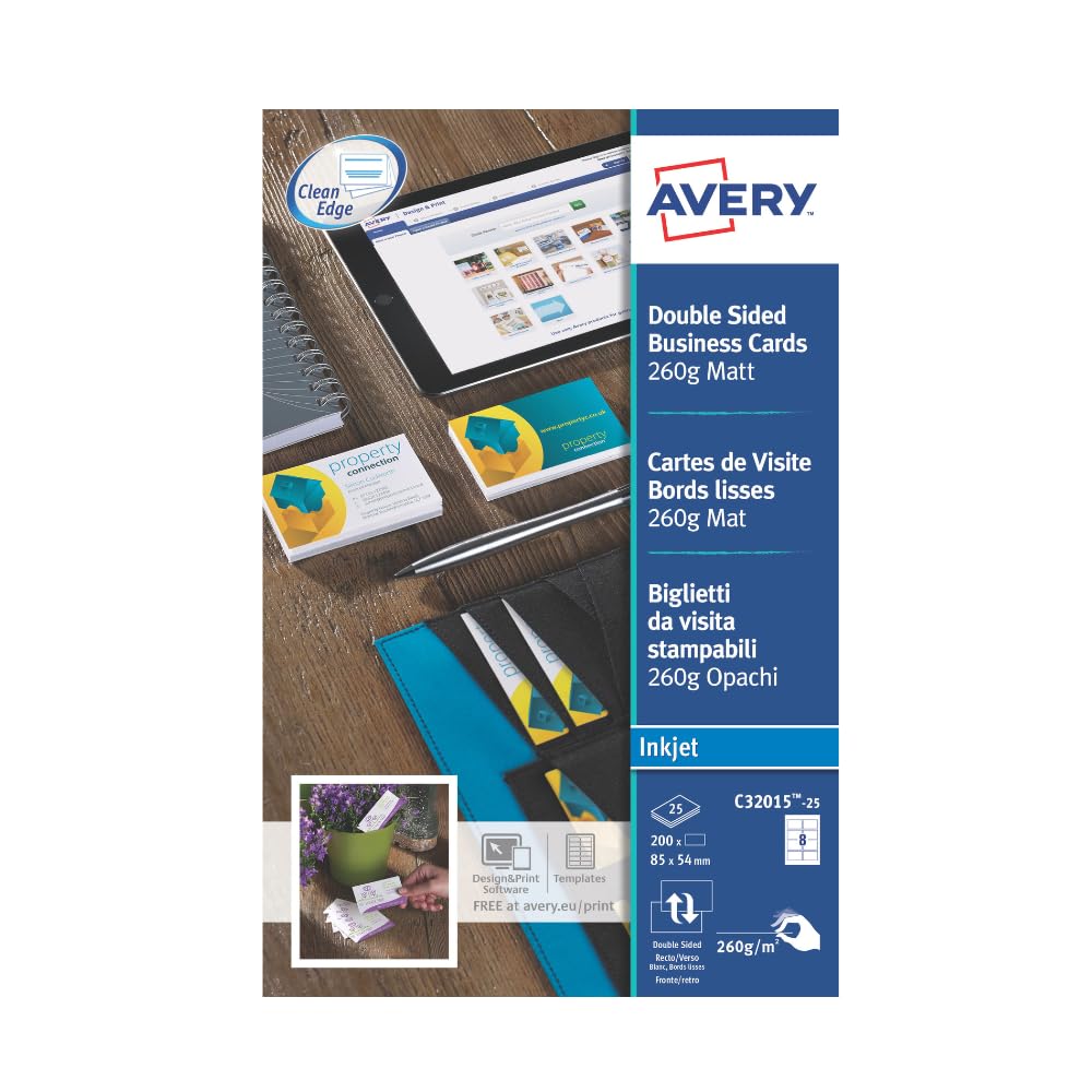 Avery Double-Sided Matt Business Cards for Inkjet Printers – 85 x 54 mm, 260gsm, Pack of 200, C32015-25