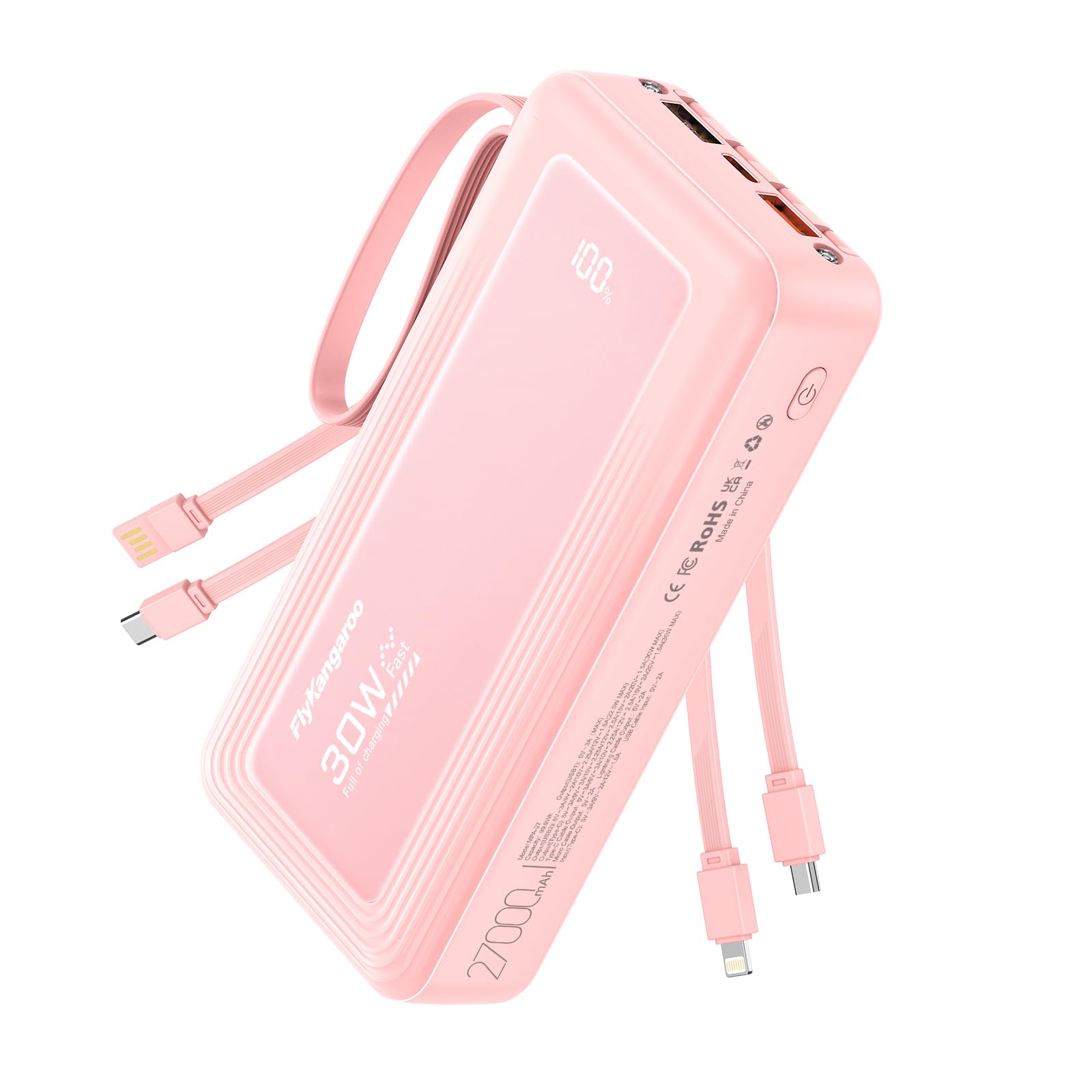 FlyKangaroo Powerbank mit integrierten Kabeln, 10000mAh, 22,5W Schnellladefunktion, USB-C LED-Anzeige, tragbares Ladegerät mit 6 Ausgängen & 2 Eingängen für iPhone, Samsung, Pixel, LG, Moto,Black