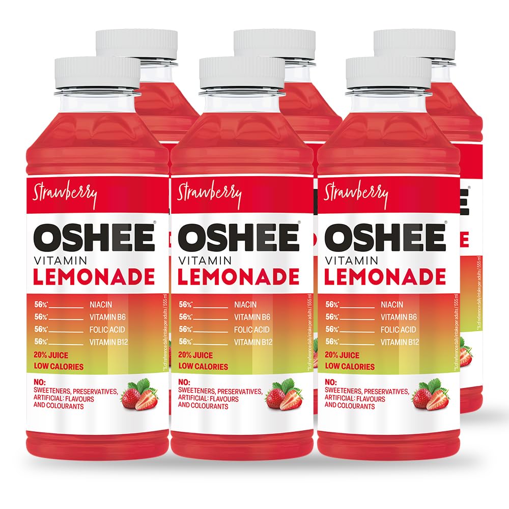 OSHEE Vitamin Lemonade Strawberry Flavor 6 x 555ml – Electrolyte Hydration Drink with Vitamins & Minerals, Refreshing Energy Boost, Sugar-Free, Ready-to-Drink