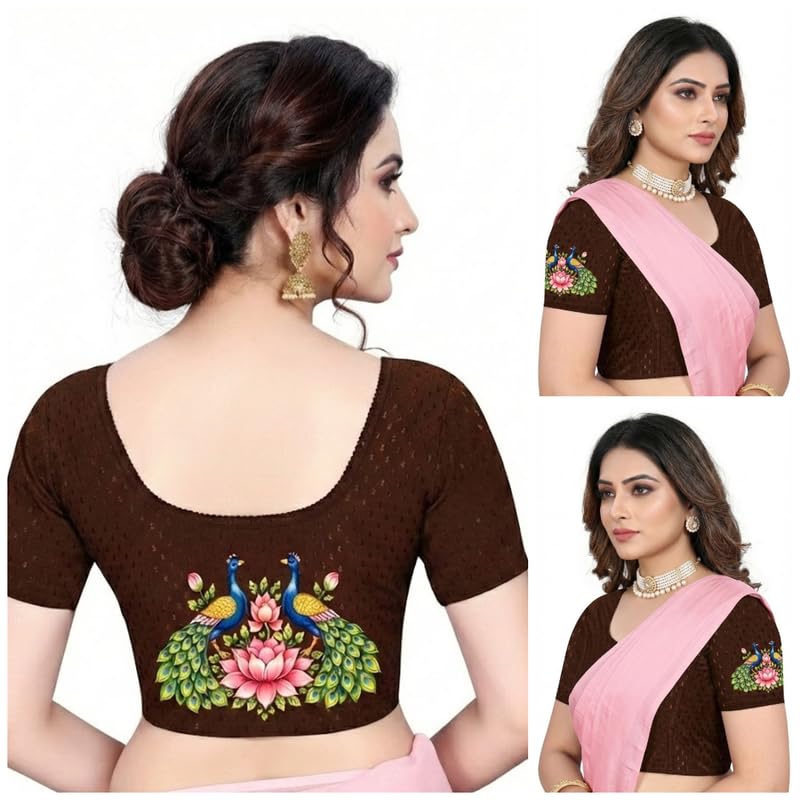 PAARTH ENTREPRISE Women Cotton Blend Round Neck Short Sleeve Readymade Saree Blouse Coffee-picture-24