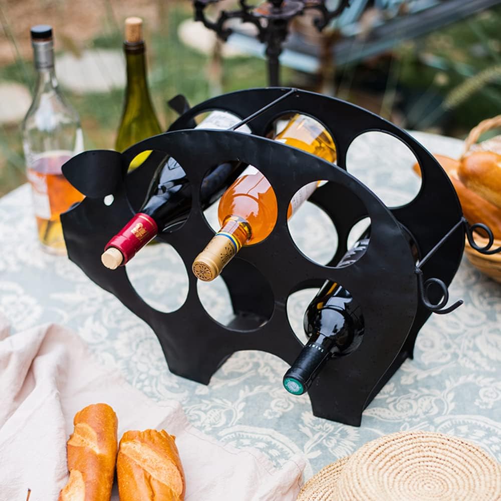 6 Bottle Metal Wine Rack,Pig Wine Bottle Holder Sculpture for Tabletop and Countertop