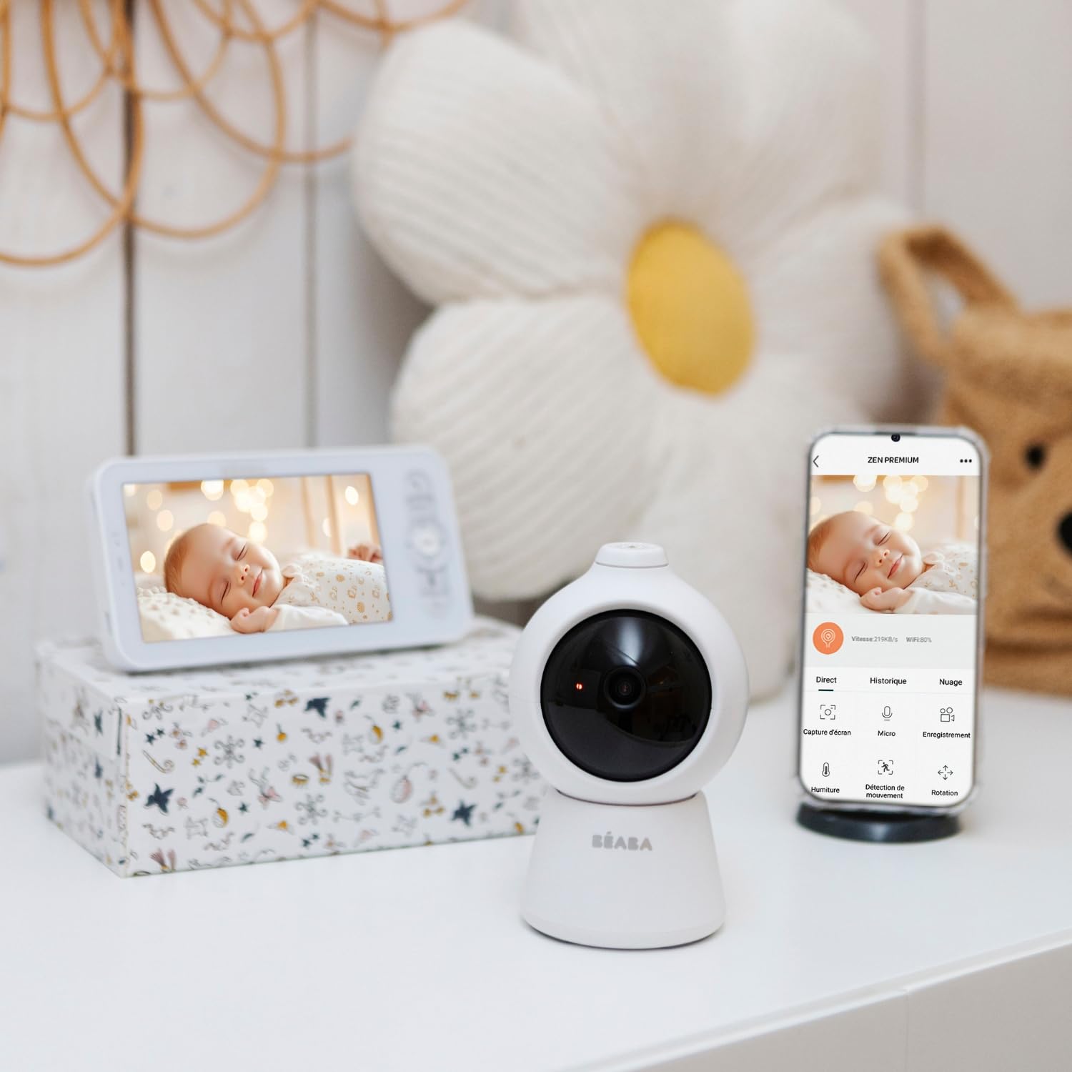 BÉABA Zen Smart AI Babyphone Vidéo 3 en 1, Blanc | Caméra 360° Full QHD 4MP, Écran HD 720p, IA Détection Retournement, Vision Nocturne, Application Mobile