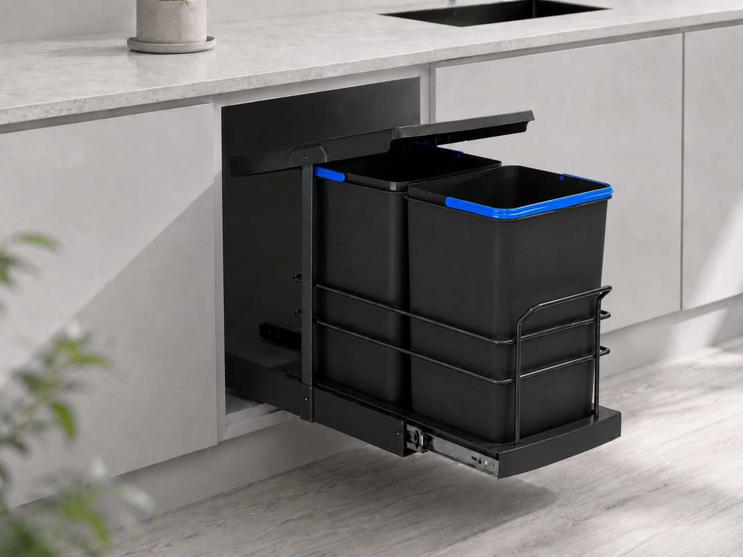 ROOMART Einbau-Mülleimer Küche ausziehbar 2x12L Mülltrennsystem Unterschrank Hellgrau Schwarz (Schwarz)