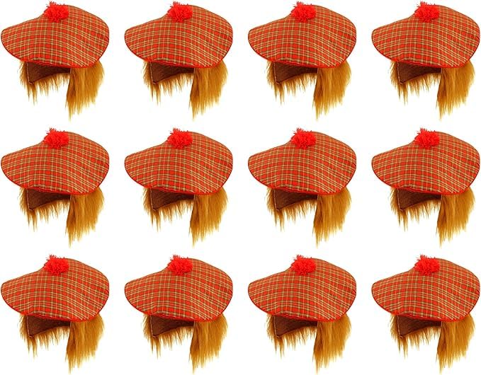Lizzy 12pcs Tam O'Shanter Hat Red Tartan with Orange Hair Scottish Fancy Dress Hat One Size Costume Hat for Burns Night Rugby Football Events Scottish Costume Accessories with Tattoos โ image 1