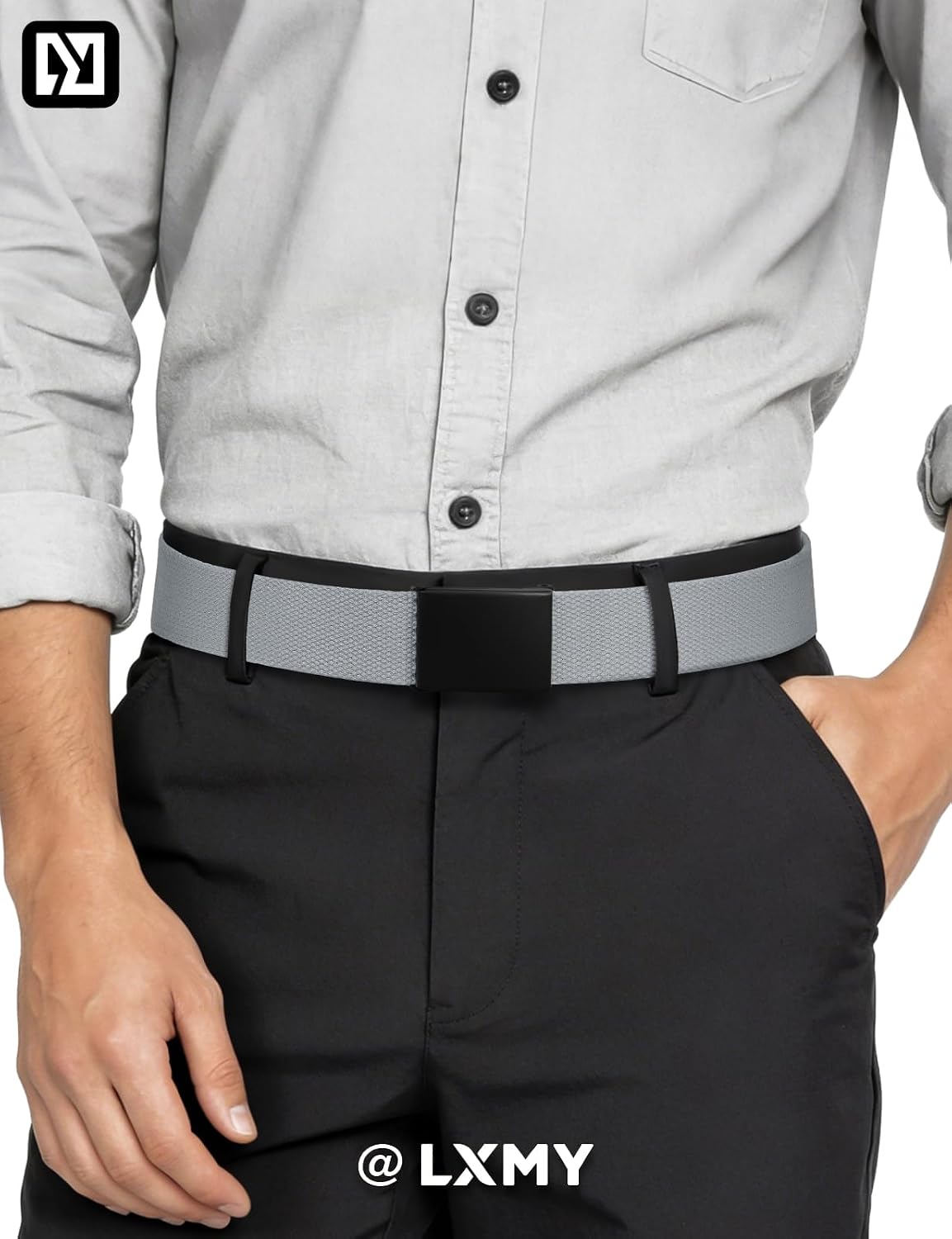 LXMY Mens Belt,Work Belts for Men,Holeless Adjustable Golf Casual Dress Fashion Belts for Men,Black Web Canvas Fabric Belt image 2