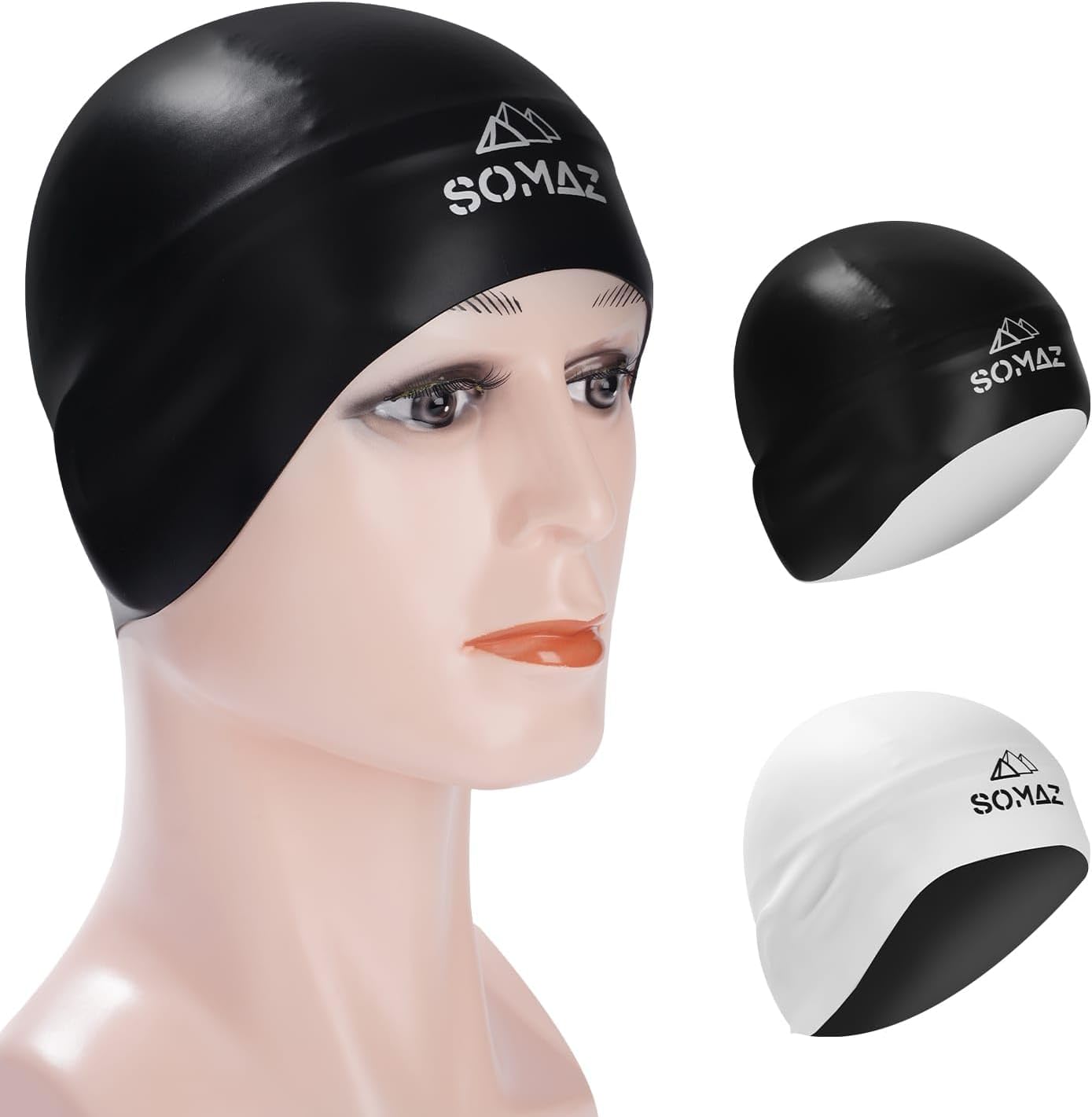 SOMAZ Swimming Cap for Men, Women & Teens, Reversible 2-in-1 Design Swim Cap, Black/White 3D Ergonomic Silicone Fit, One Size (Best for Small–Medium Heads) ; Comfortable & Durable