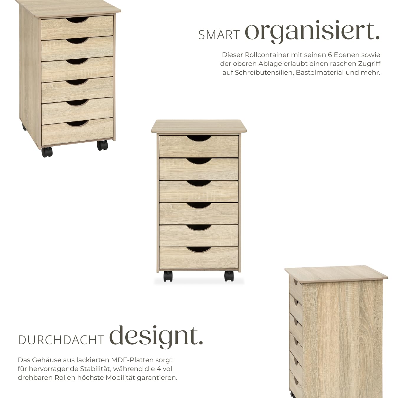 tectake® Rollcontainer mit Schubladen, Schubladenschrank 6x Schublade, mit Rollen, Büro Organizer, Schreibtisch Schrank, Rollwagen Unterschrank, Aufbewahrungsschrank Office - Holz hell, Eiche Sonoma