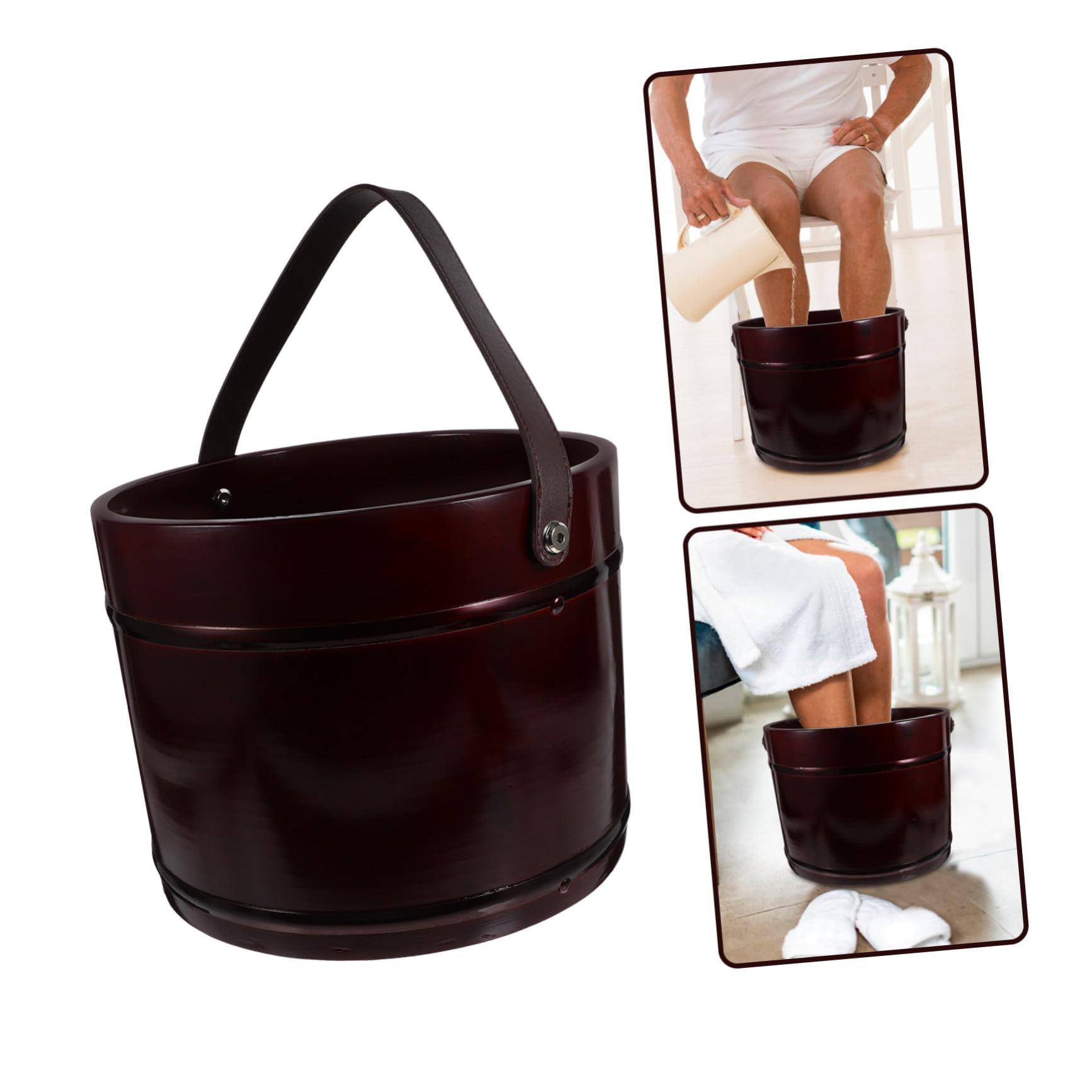 Mikikit Secchio in Legno Massello per Pediluvio Multifunzionale Vasca da Bagno per Piedi e Lavaggio Mani Portatile con Manico in Pelle Uso Domestico e Outdoor Resistente e Durevole