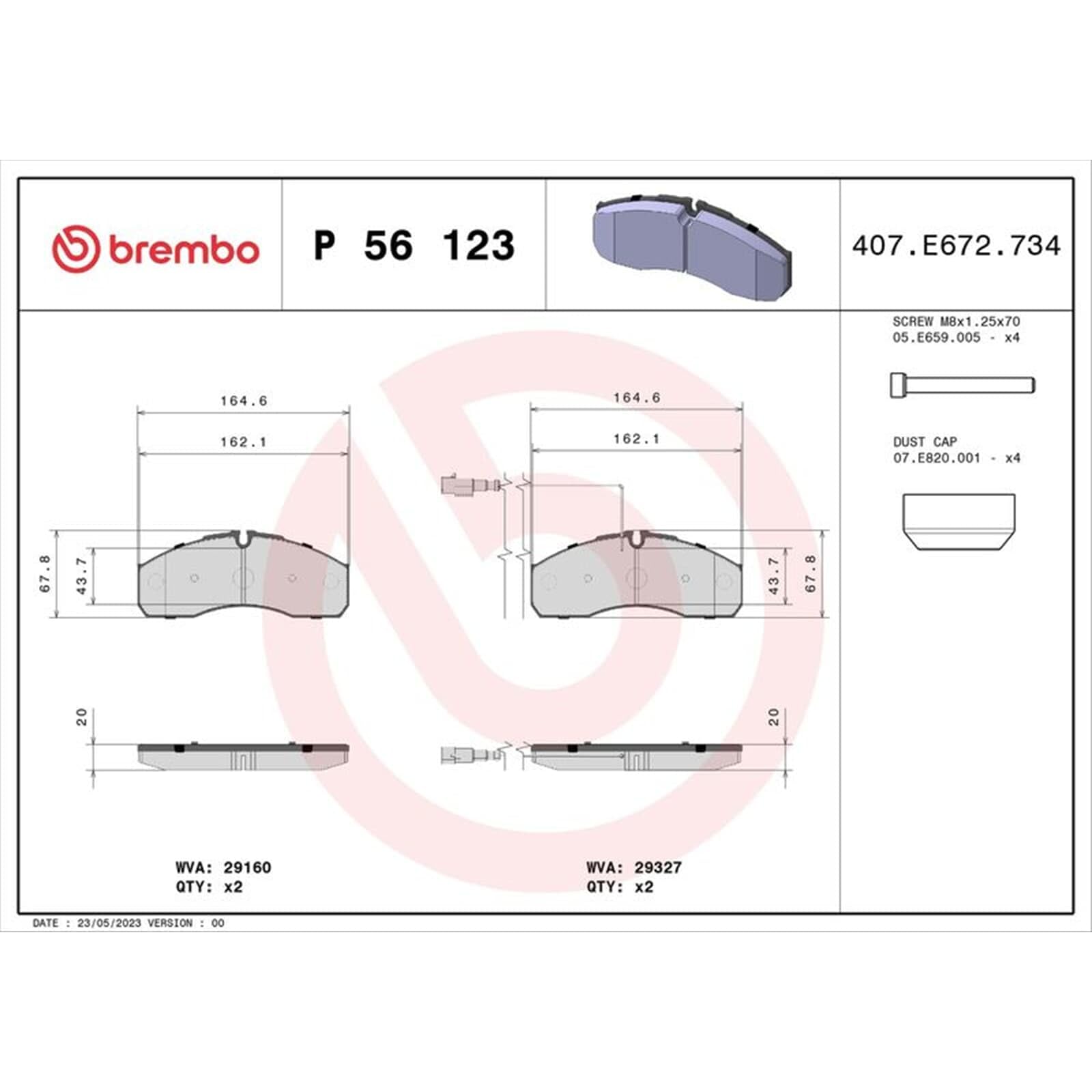 Pastiglie freno Brembo P 56 123, anteriore/posteriore. Set di 4 | Compatibile con: NISSAN CABSTAR, NT400 CABSTAR