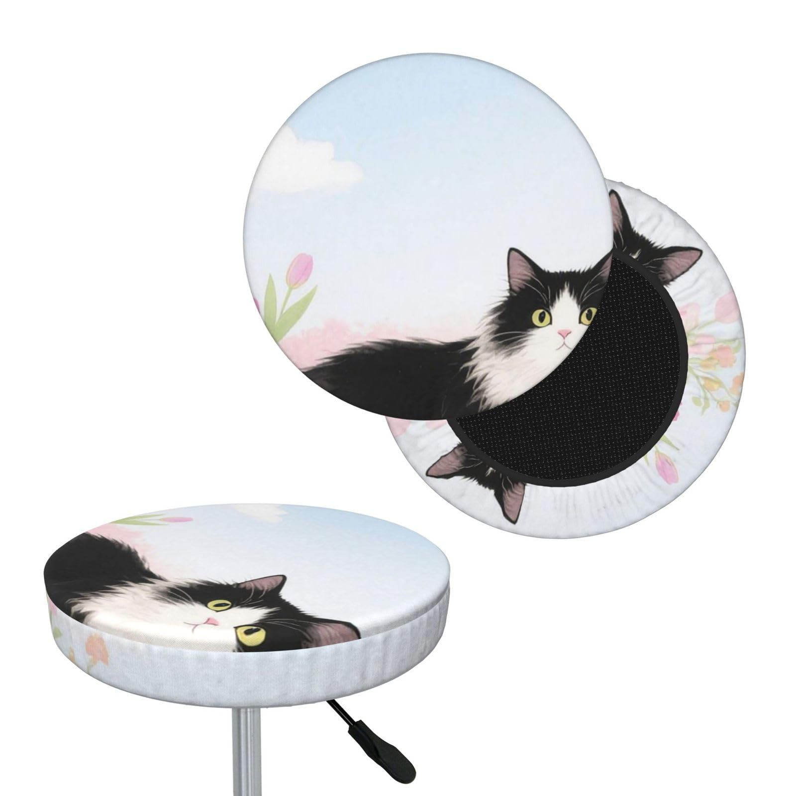 FekiLoot Cat Floral Watercolor Round Bar Stool Covers Stretch Washable Bar Stool Covers Dustproof Slipcover Bar Chair Covers with Elastic Band for Bar Kitchen Living Room Decor 14 Inch