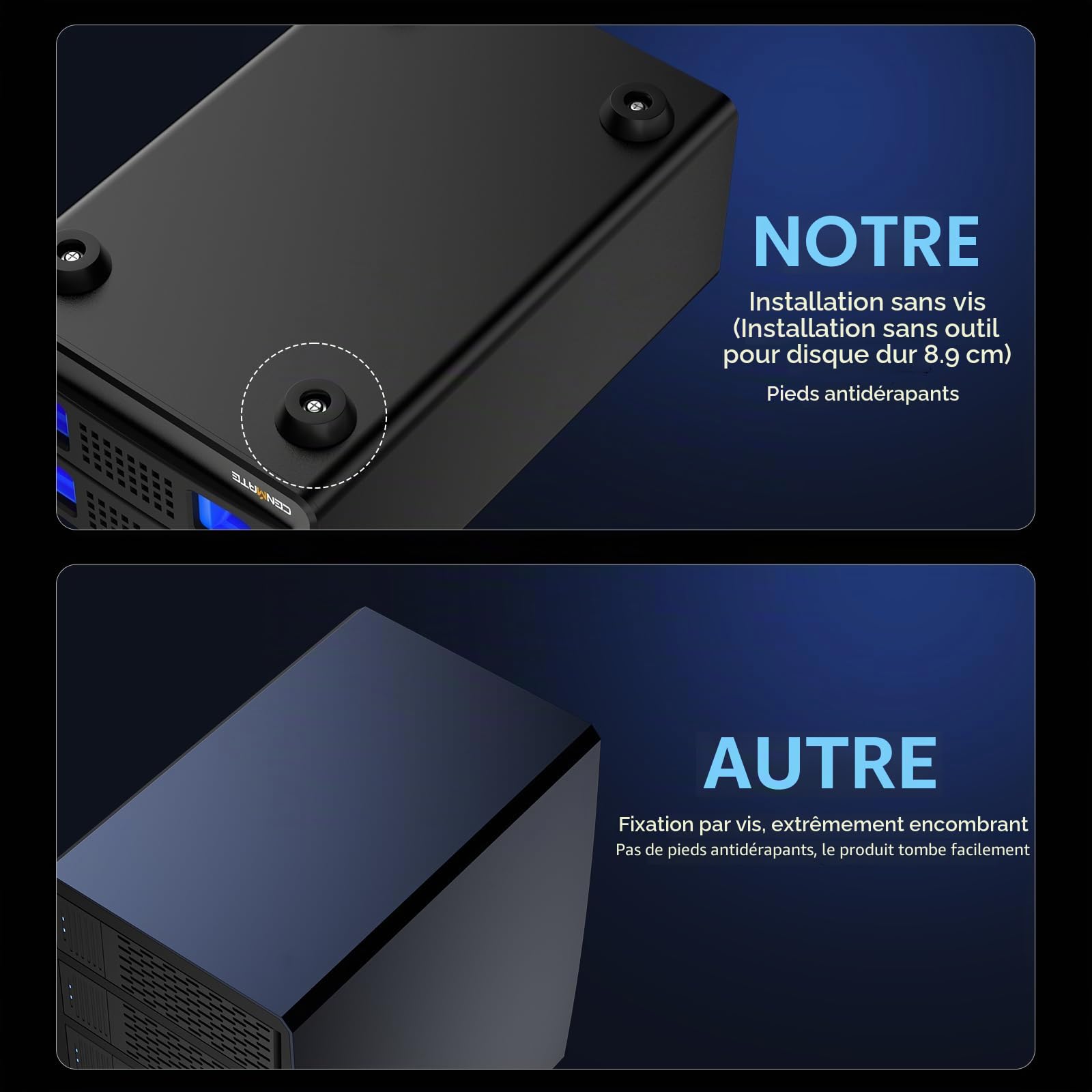 Boîtier de Disque Dur, CENMATE Aluminium Boîtier 2 Baie avec Ventilateur SATA 2,5/3,5 HDD/SSD, USB A/C 3.0, Supportant l'échange à Chaud, l'extension en Chaîne, Boîtier HDD,DAS (NO Raid/NAS)