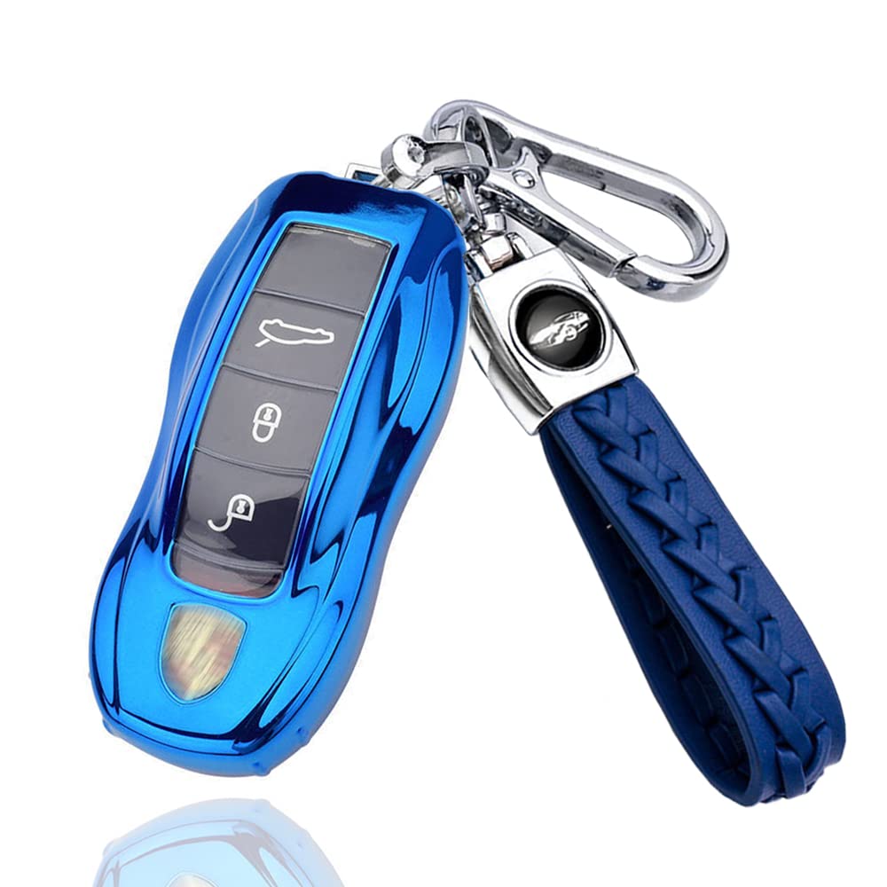 SANRILY Full Protector For Porsche Key Cover Plating Key Fob Case Shell With Keychain Keyless For Porsche 911 Macan Cayenne Panamera,718 Cayman/ Boxster Car Keys-Blue, Blue, Medium, Blue, Medium