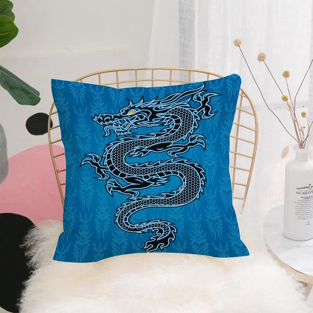 HYOSXW Cushion Cover,Throw Pillow Case Home Decorative for Living Room Bedroom Sofa Chair 16X16 Inch,Japanese dragon, black dragon on blue,Pillowcase 40X40cm