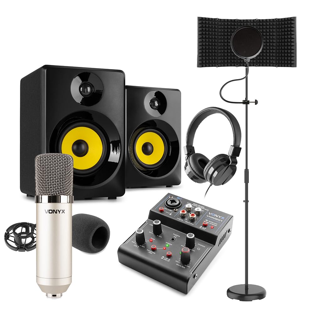 VONYX CM400 Complete Home Studio Recording Package with Studio Condenser Microphone, USB Mixer Interface, Monitor Speakers, Headphones & Reflection Filter Kit