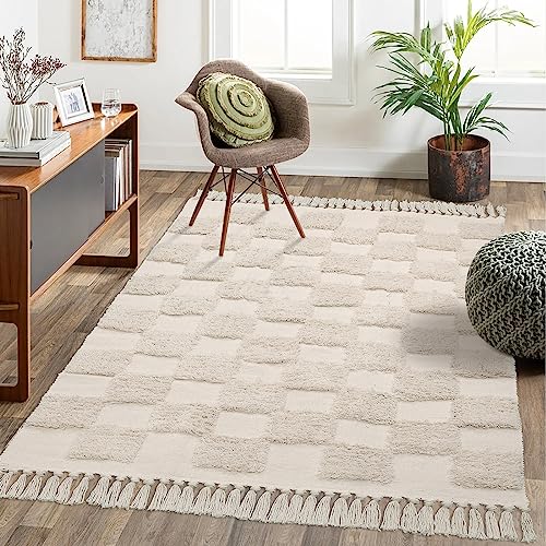 Image of Lanffia Boho Checkered Tufted Rug - 4x6 Area Rug Beige Hallway Rug Washable with Tassels Indoor Farmhouse Floor Carpet for Kitchen Bathroom Laundry Doorway Bedroom Living Room