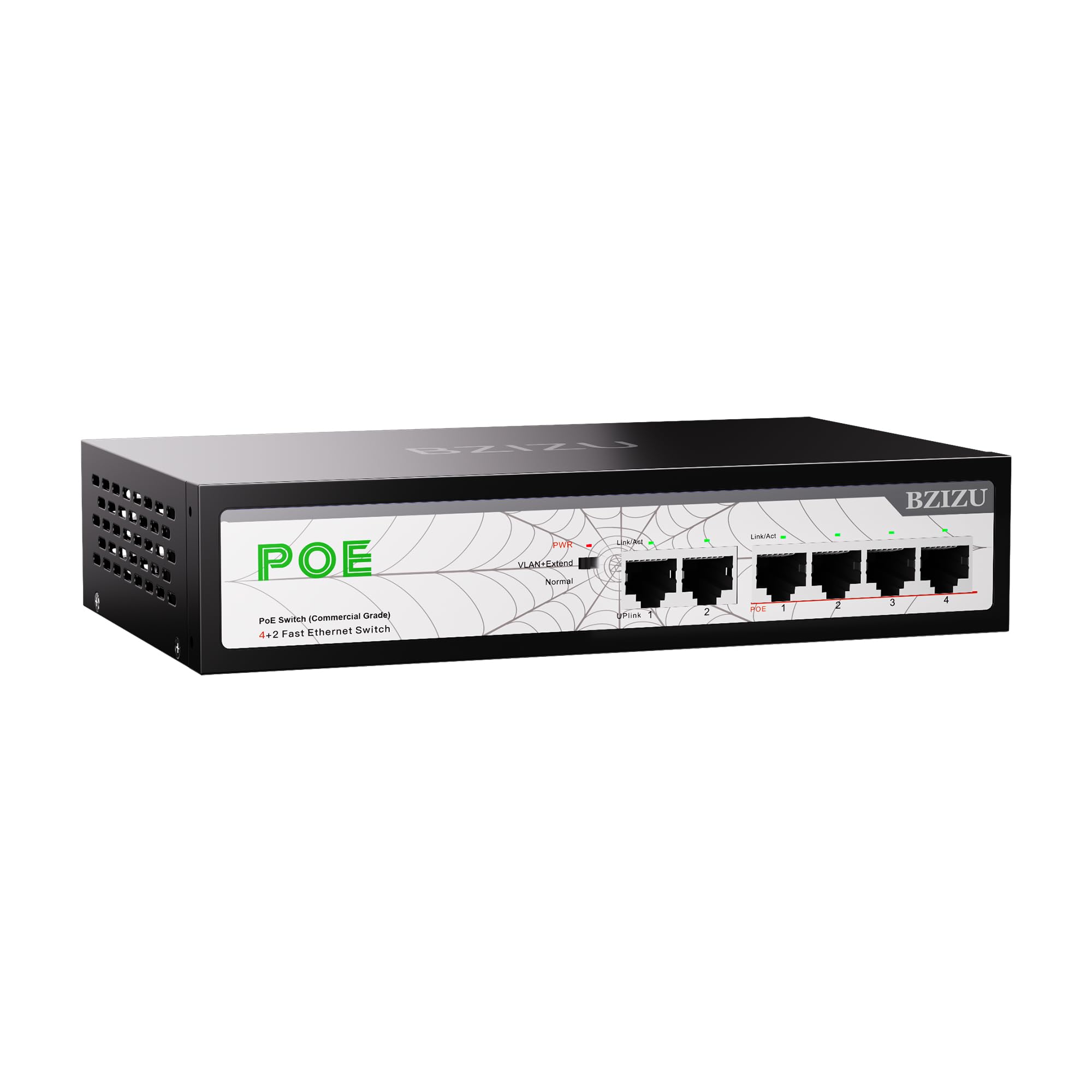 BZIZU 4 Port PoE Switch, 4 100Mbps PoE Ports + 2 Uplink, 65W Power