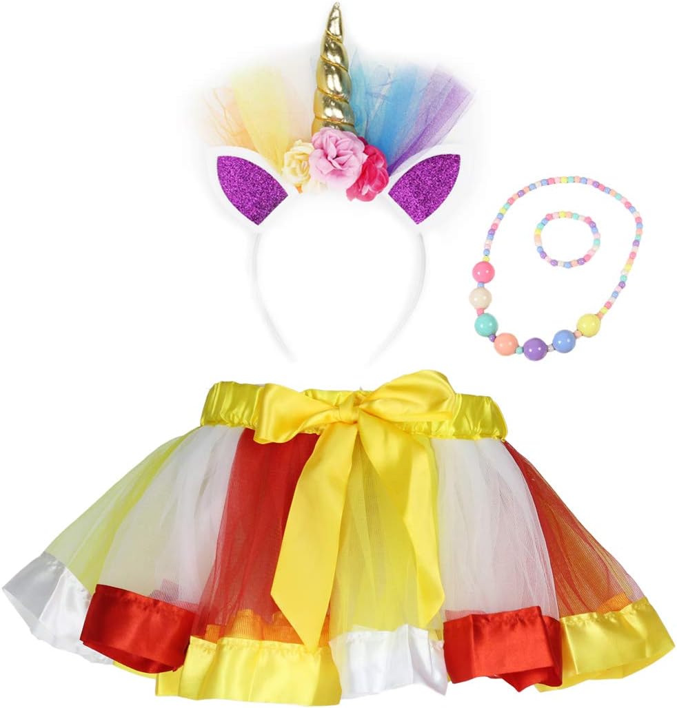 Girls Layered Rainbow Tutu Skirt with Unicorn Horn Headband (Yellow, S)