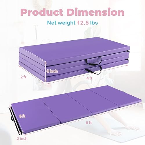 Miniatura 7 de Giantex Colchoneta de gimnasia de 8 x 4 x 2 pulgadas, tapete plegable con asas de transporte, funda de piel sintética desmontable para yoga,