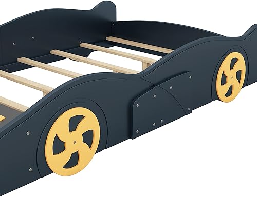 Miniatura 5 de Polibi Cama de plataforma en forma de auto de carreras de tamaño matrimonial con ruedas de almacenamiento y decorativas, marco de cama matrimonial