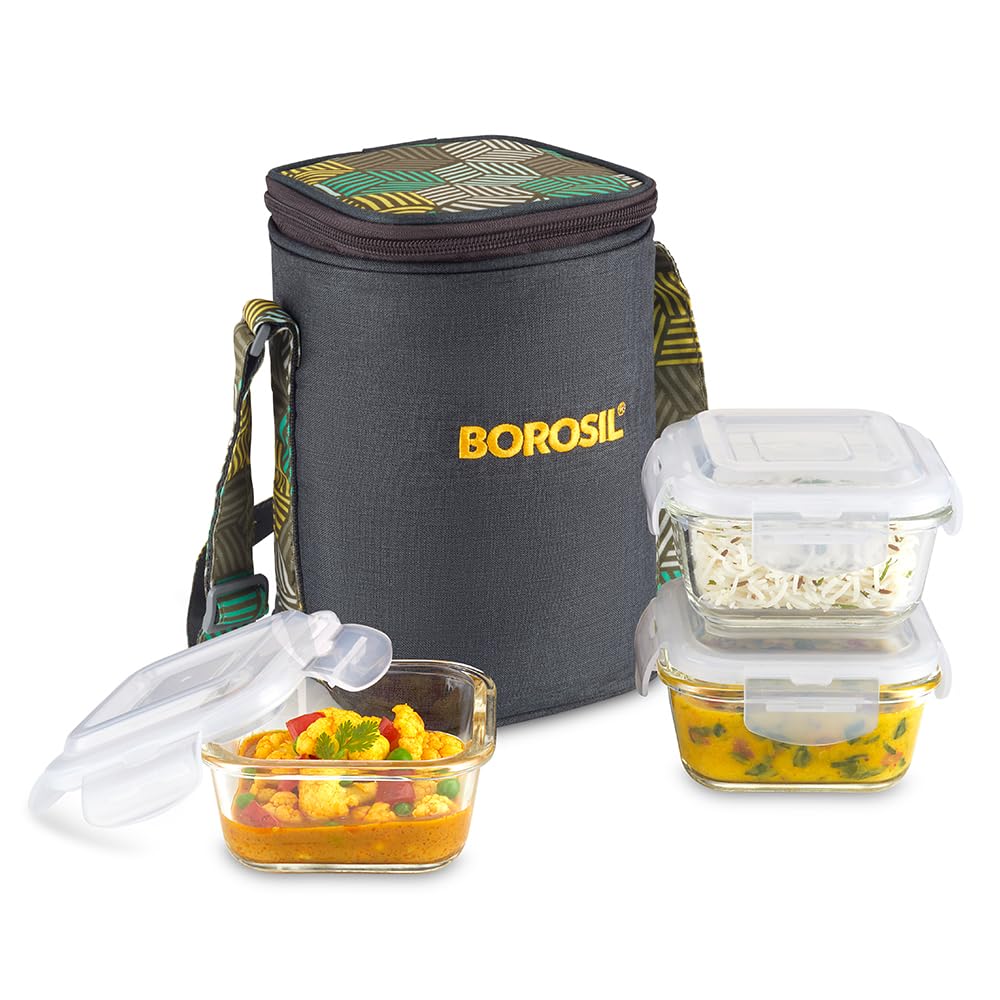Borosil Foodluck Olive Lunchbox with Bag | 320ml x 3pc Borosilicate Glass Square Container Set | Microwave & Dishwasher Safe, Leak Proof | Tiffin for Office, School, College