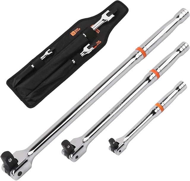 HORUSDY 3-Piece Breaker Bar Set, 1/4'', 3/8'' & 1/2'' Drive, Heavy Duty Breaker Bars, 6-inch, 10-inch, 15-inch Length with 180° Rotatable Head, Chrome Vanadium Steel Made.