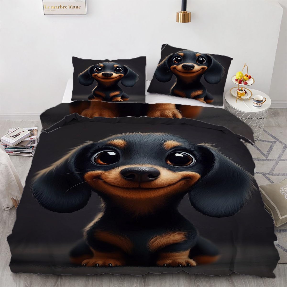 NDXRWDZR Single Bedding Set Black Dachshund Duvet Cover for Kids Soft Hypoallergenic Microfiber Duvet Cover with Zipper Closure, 1 Duvet Cover 135x200 cm + 2 Pillowcases 50x75 cm