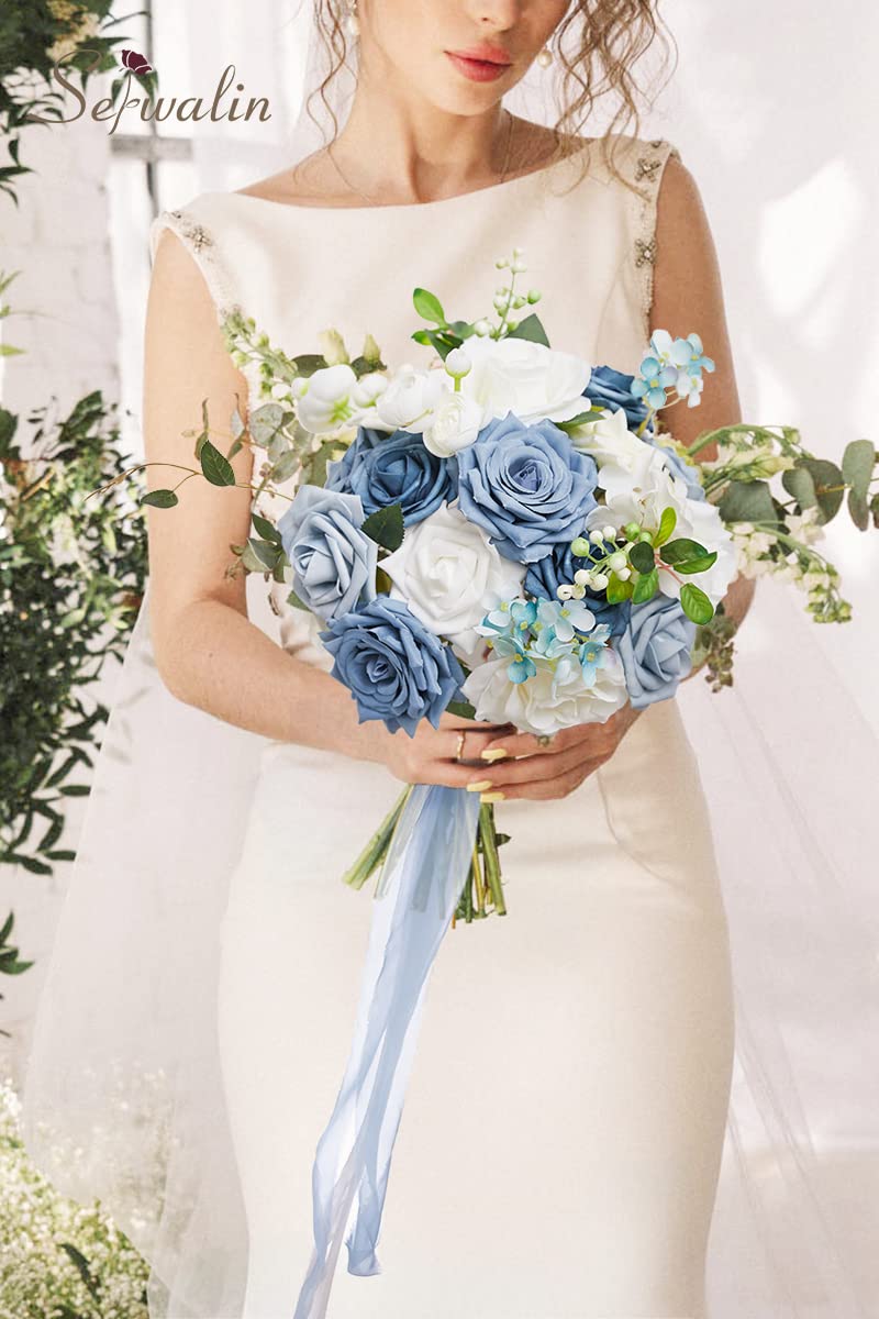 Serwalin Fiori artificiali per torta bouquet da sposa centrotavola per il giorno del Ringraziamento Peonia Rose Fiori di nozze Combo Fiori finti Boho per la (Blu&bianco)