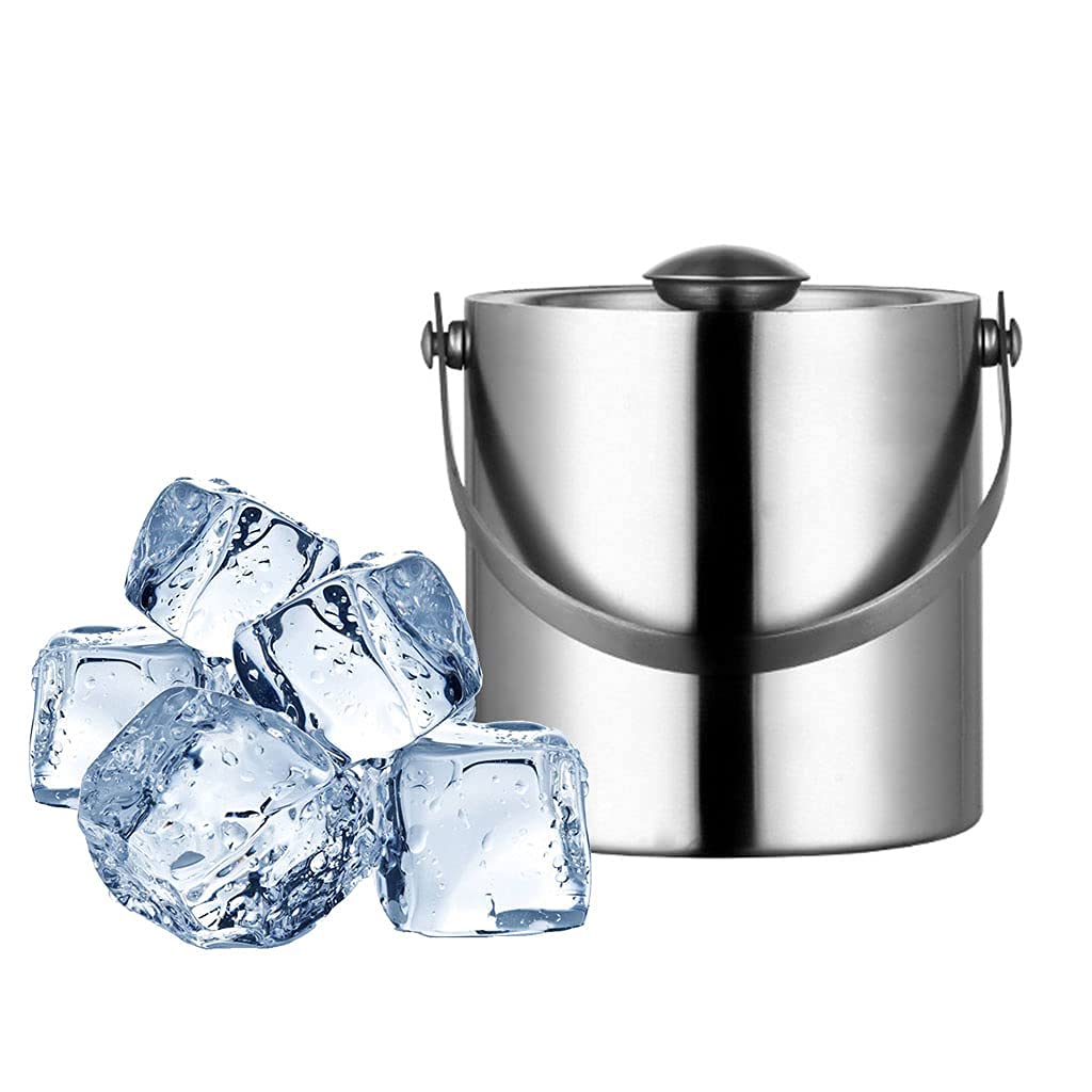 Cubo de hieloCubo de Hielo con Tapa y Pinzas de hieloCubo de Aislamiento térmico Doble Barra nórdica de 3 litros KTV Cubo de Hielo de Acero Inoxidable para Cerveza An