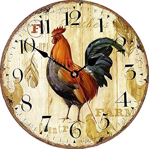 VIKMARI Kitchen Wall Clock 8 Inch Rustic Rooster Silent Non Ticking Wall Clock Quartz Battery Operated Round Wall Clock Easy to Read Wooden Wall Clocks for Living Room,Bedroom,Kids Room and Coffee Bar Cover