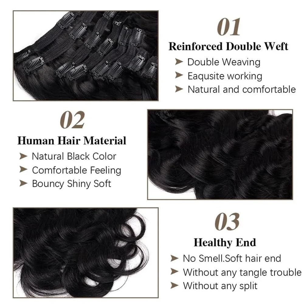 Dopinki do włosów z klipsami, prawdziwe ludzkie włosy, fale, bezszwowe, 120 g, brazylijskie włosy Remy, 8 szt. z 18 klipsami Double Wefts 26 cali (30 cm)