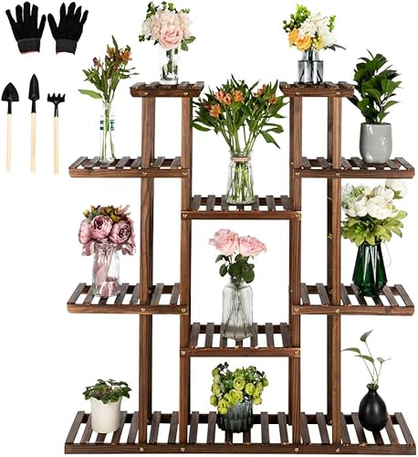 Soporte de madera para plantas para interiores y exteriores, múltiples capas, estante para macetas, estante superior e inferior, estantería en