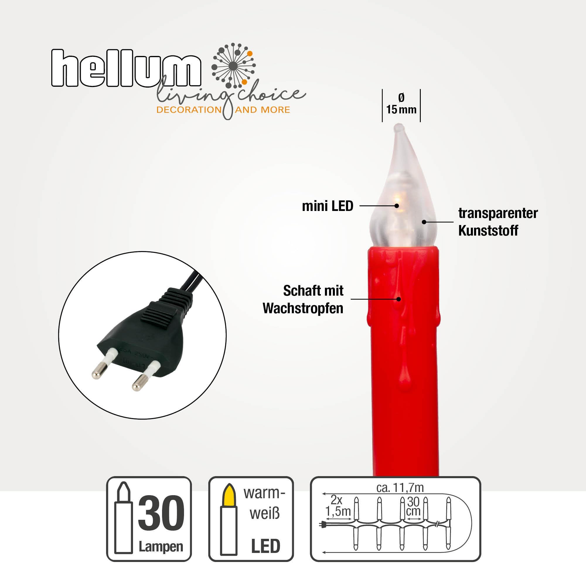 Hellum 151718 Guirlande lumineuse à 30 LED blanc chaud pour sapin de Noël intérieur 8,7 m éclairée + 2 câbles de 1,5 m Vert