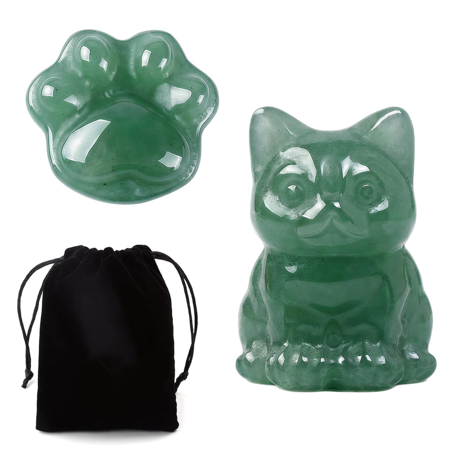 HIVTE 2 Pack Natural Crystal Cat & Paw Statue, Green Aventurine Healing Stones, Office Desk Decor Crystal Gifts